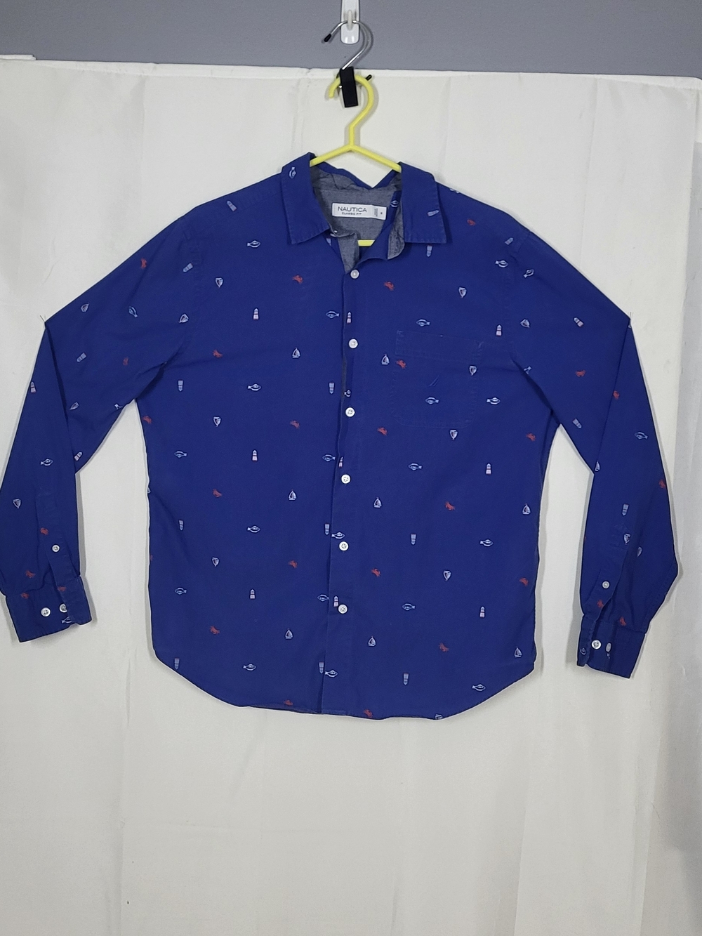 Nautica Blue Long-Sleeve Button-Down with Tiny Nautical Prints